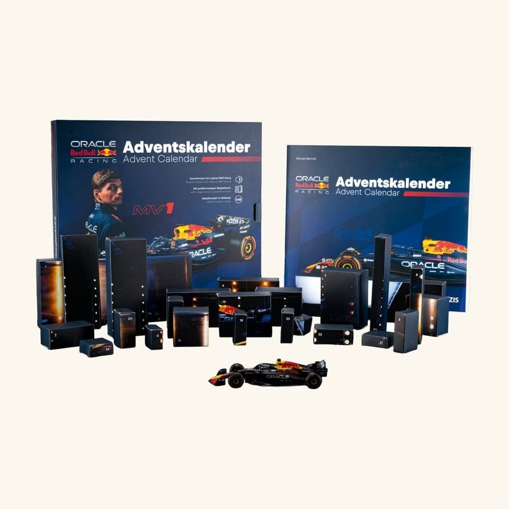 Oracle Red Bull Racing Adventskalender 2026: esken, de 24 nummererte boksene, boka og den ferdige RB21-modellen