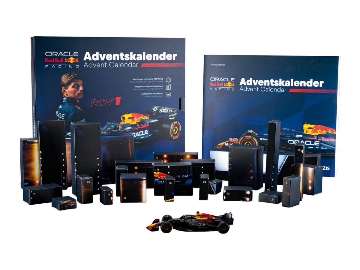Oracle Red Bull Racing Adventskalender 2026: esken, de 24 nummererte boksene, boka og den ferdige RB21-modellen